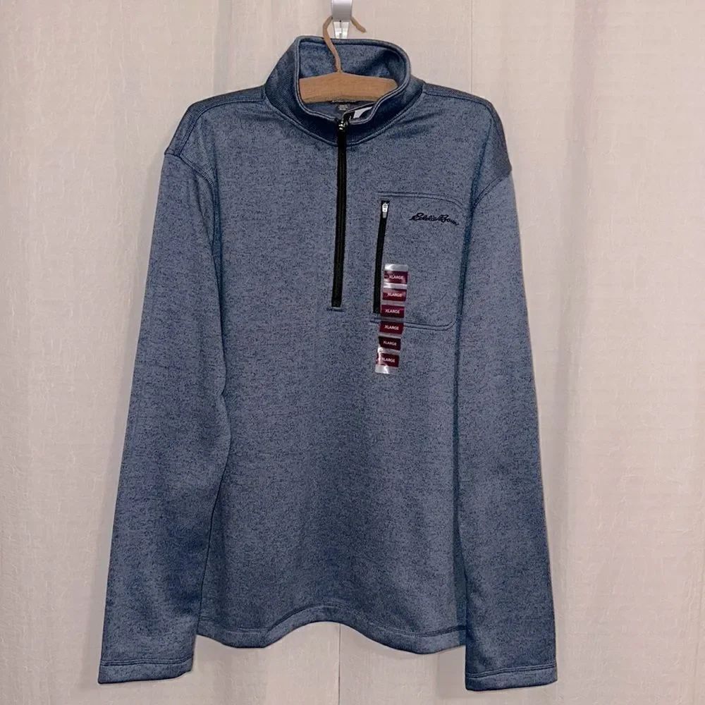 Eddie Bauer XL Heather Blue Knit Quarter Zip Mock Neck Fleece Pullover